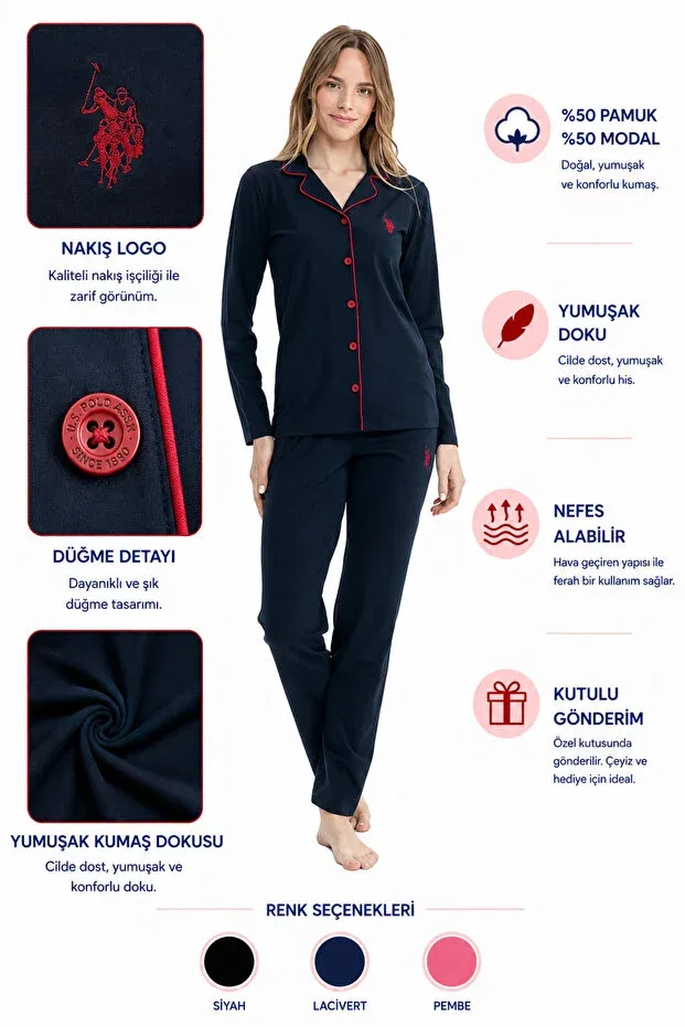 Женский комплект пижамы с длинным рукавом U.S. Polo Assn., Navy Blue