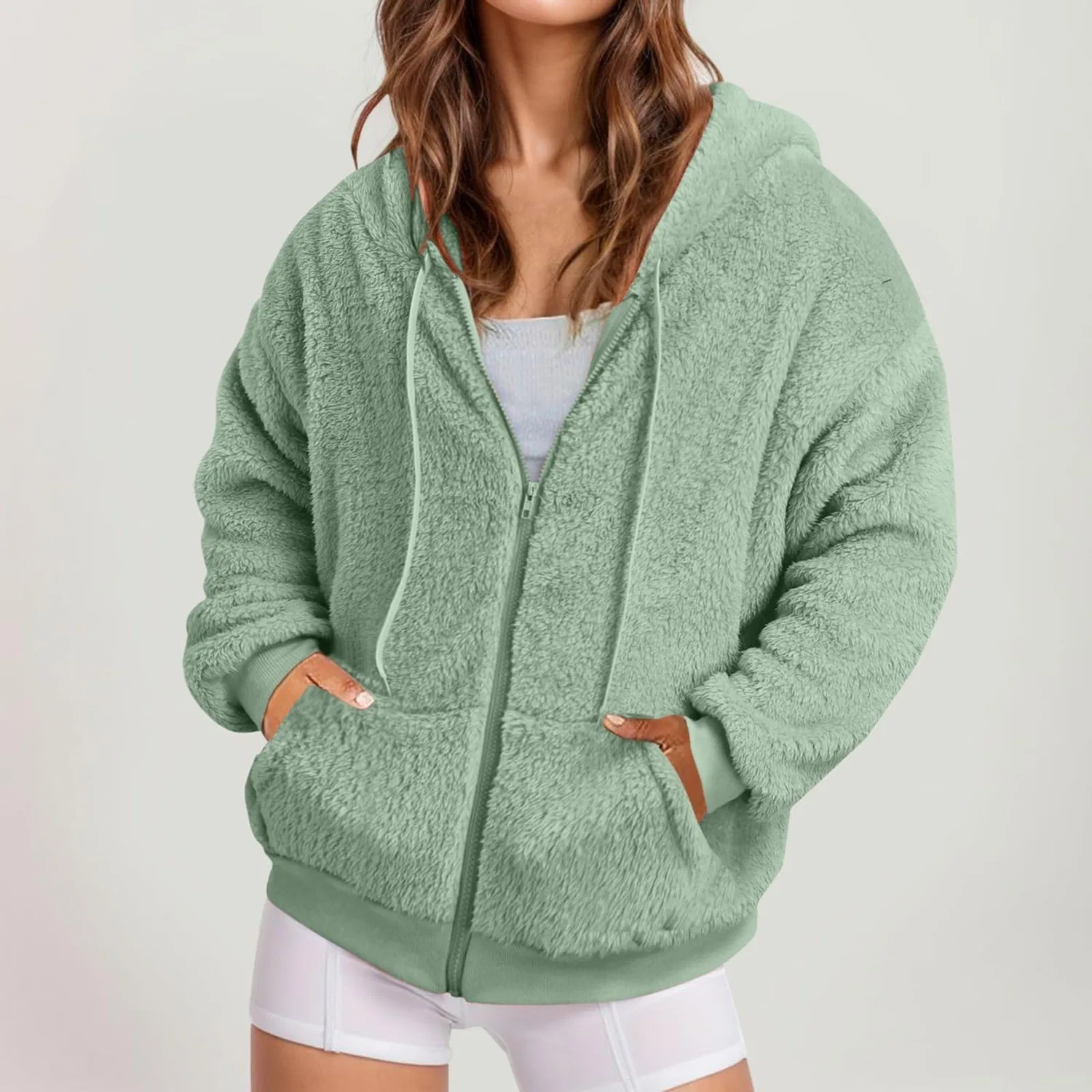 Женская куртка-худи с капюшоном и молнией, флисовая, Teddy, oversize, Verde Menta — фото 2