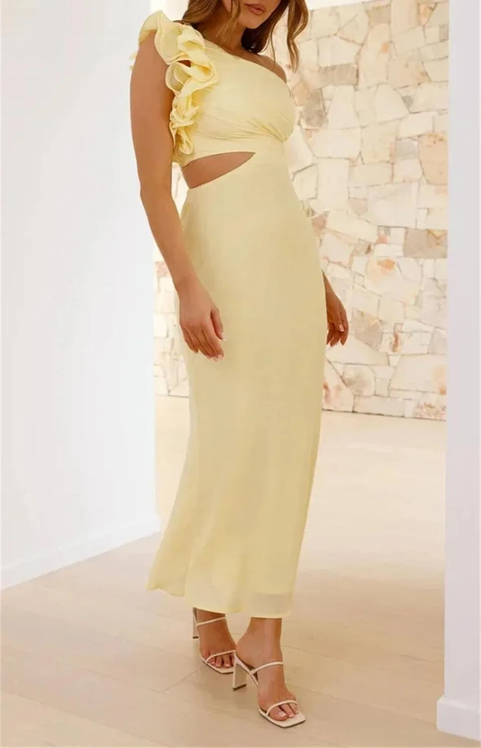 Женское элегантное платье с одним плечом Slim Fit, Yellow — фото 4
