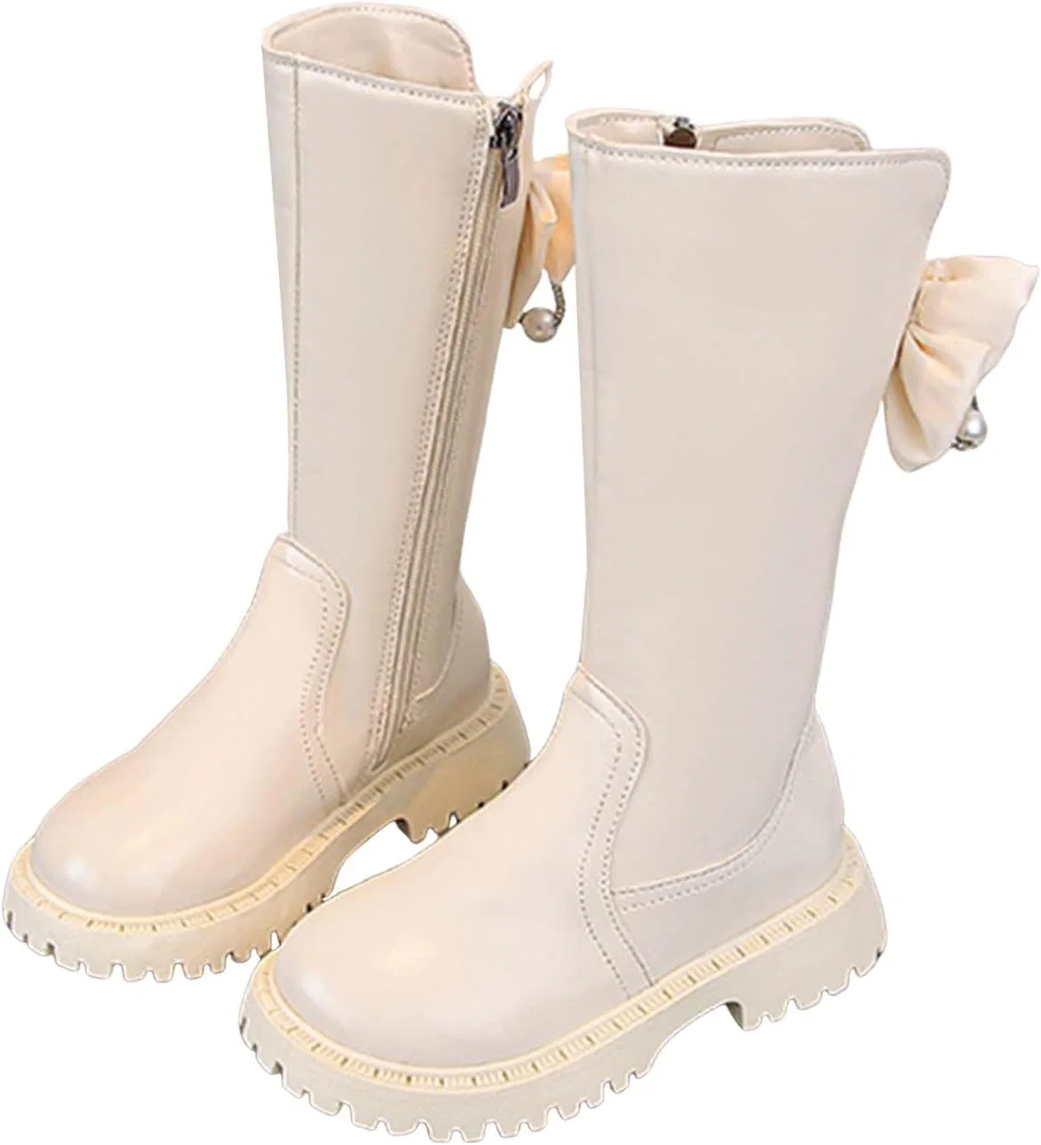 Детские сапоги для девочек с принтом банта, модель Girls Leather Knee High Boots, Beige