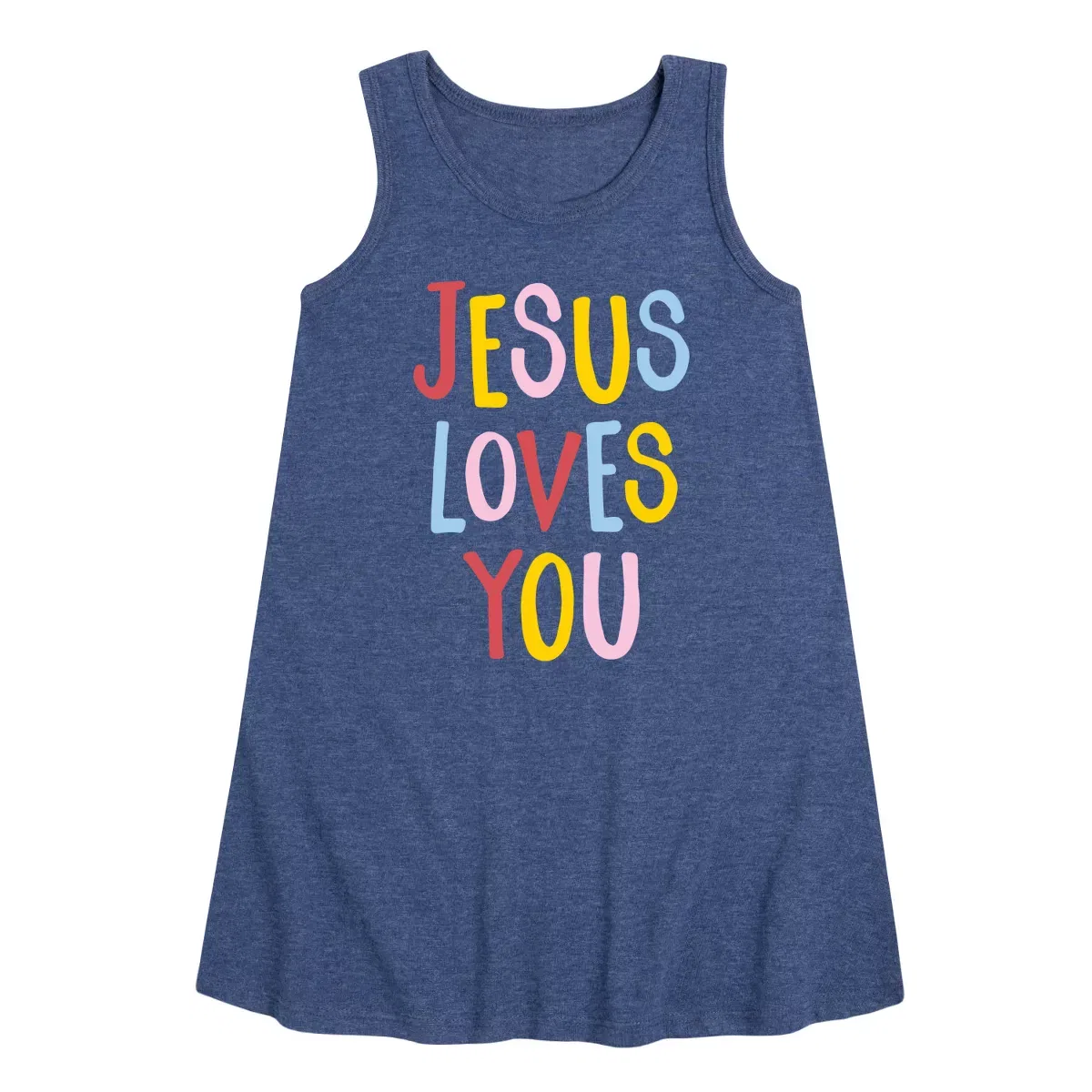 Детское платье-трапеция без рукавов с принтом Jesus Loves You Instant Message, Heather Navy