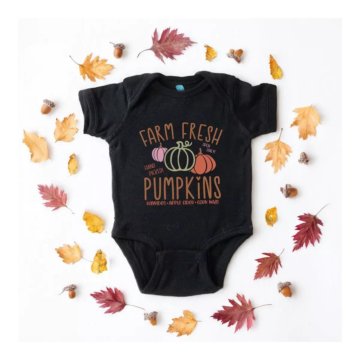 Детское боди с коротким рукавом Colorful Farm Fresh Pumpkins The Juniper Shop, Black — фото 2