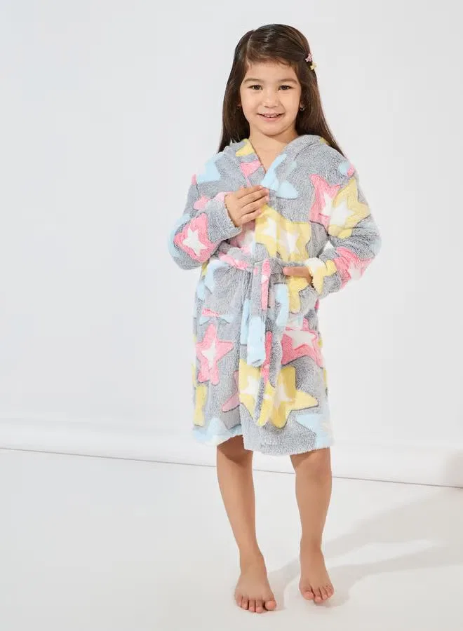 Халат с длинным рукавом с принтом звезд Star pattern fleece Styli, серый