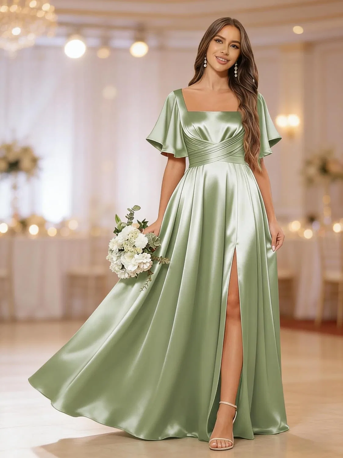 Женское вечернее платье с квадратным вырезом и разрезом Satin, White — фото 3