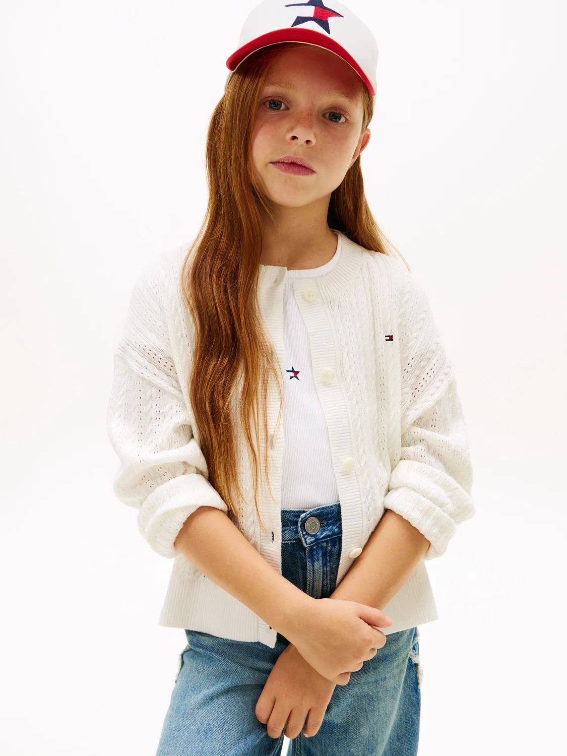 Кардиган из хлопка с ажурным узором и косами Tommy Hilfiger, белый