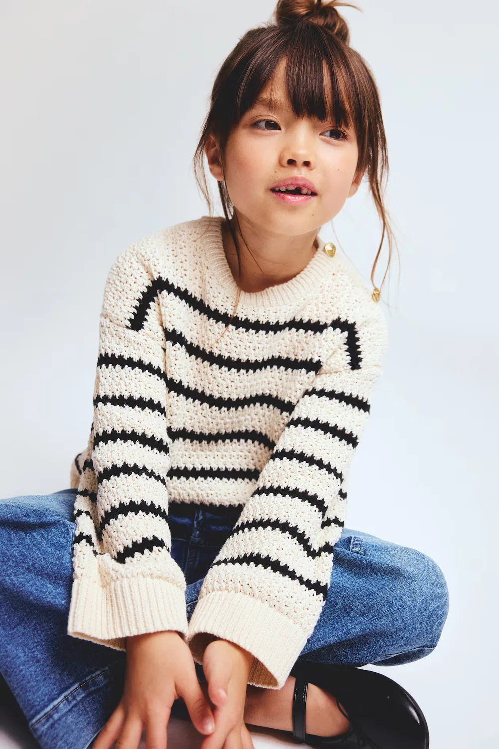 Ажурный вязаный свитер H&M, Hellbeige/Gestreift