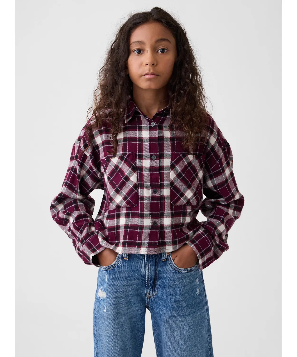 Детская рубашка из фланели с длинным рукавом модель Relaxed Cropped Flannel Shirt GAP, Burgundy