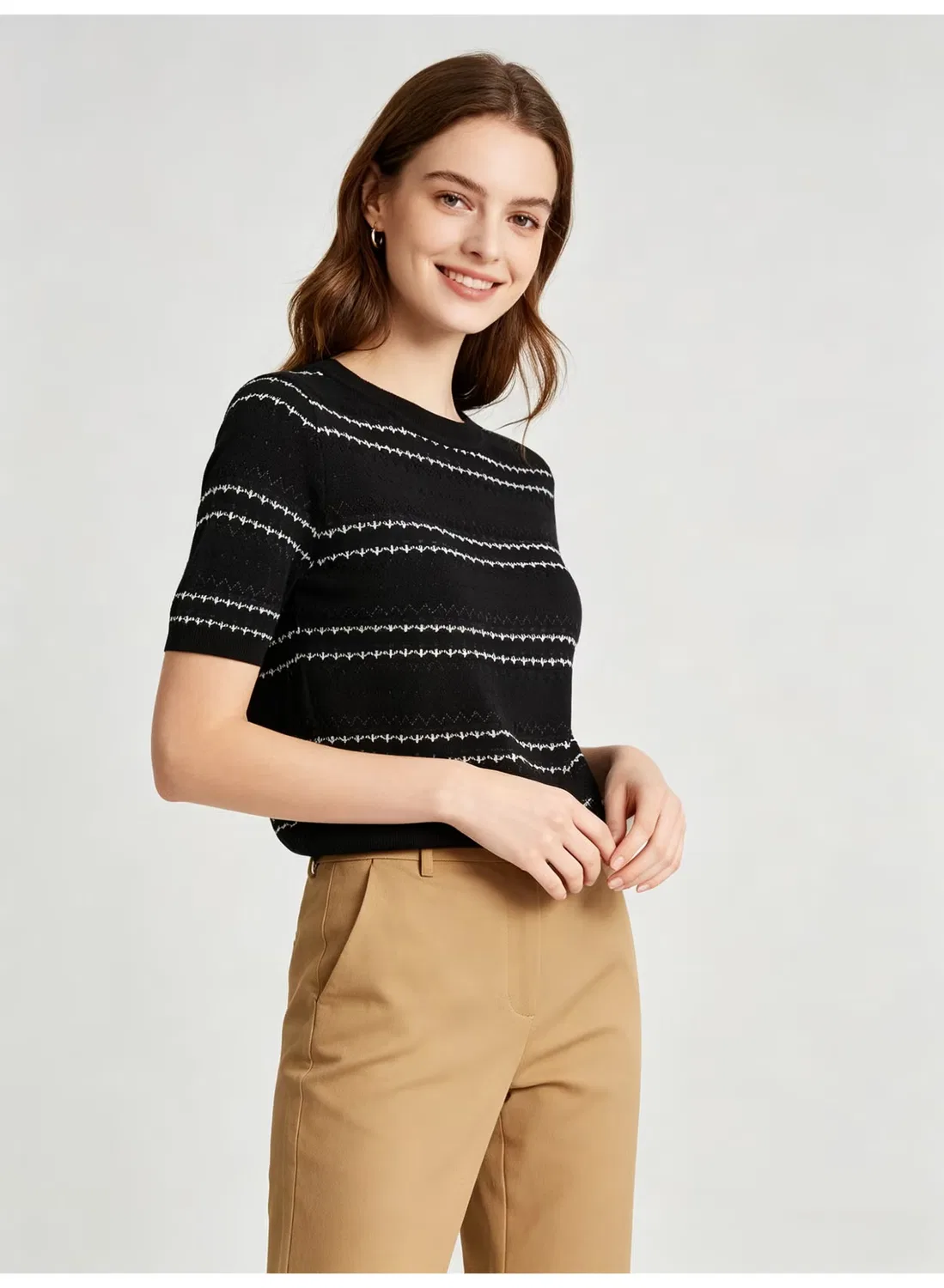Топ трикотажный с коротким рукавом с полосатым принтом Zara, черный — фото 3