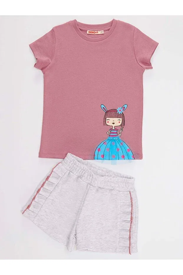 Детский комплект футболки и шорт с принтом Tulle lily Denokids, Pink — фото 3