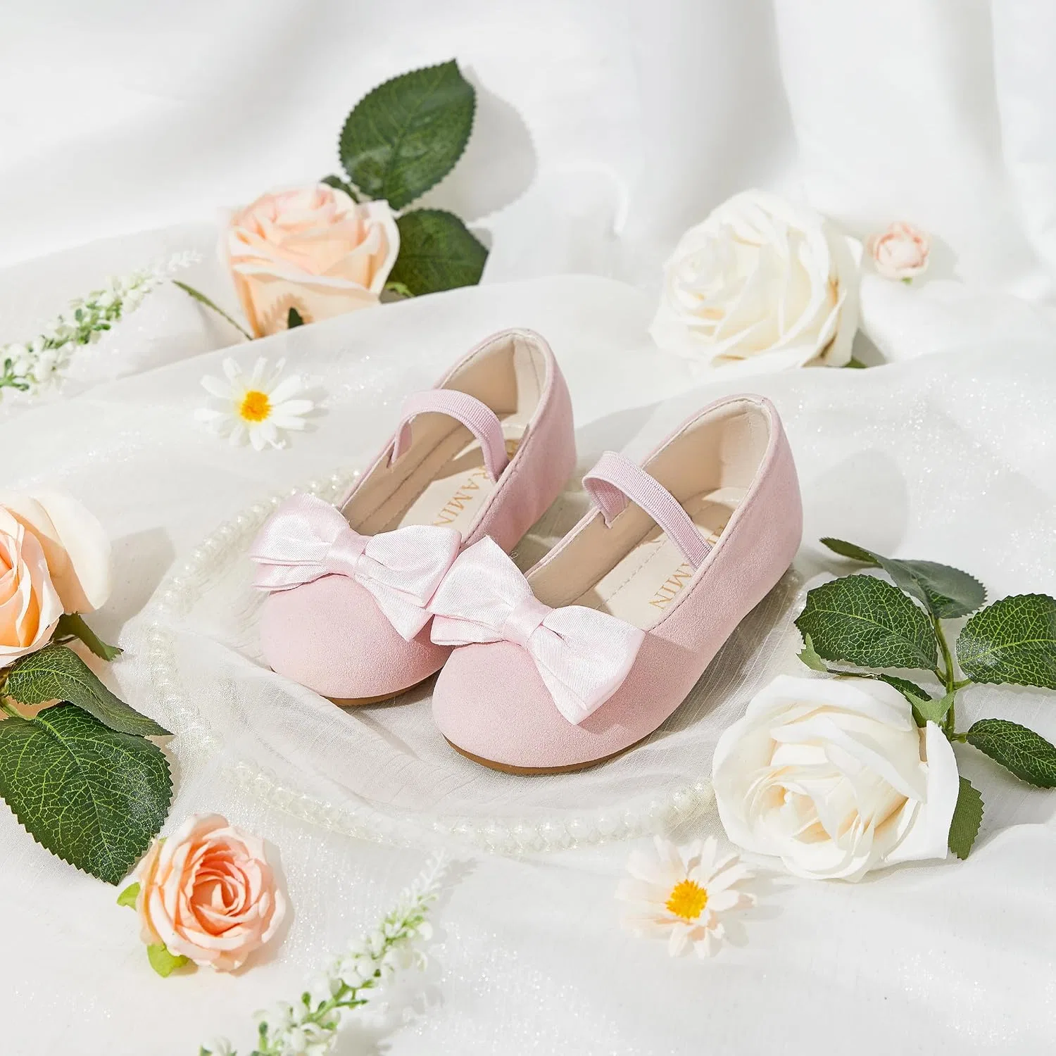 Детские туфли-балетки для девочек с бантом PHIRAMIN, Faux Suede Pink — фото 3