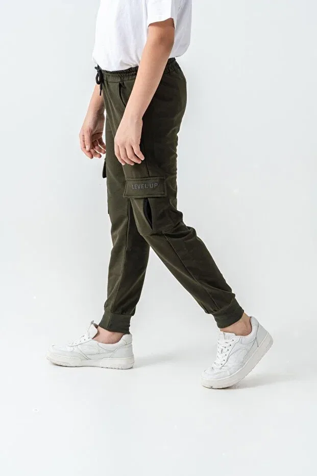 Детские спортивные штаны для мальчиков с принтом Cargo Pocket Cover Level Up Mışıl Kids, Khaki — фото 3