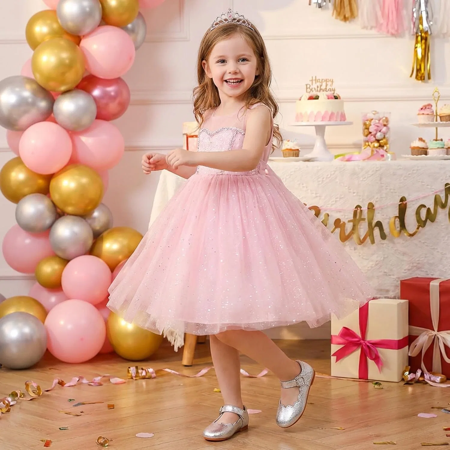 Детские балетки Мэри Джейн для девочек Flower Girl Dress Shoes KDVOG, Silver — фото 3