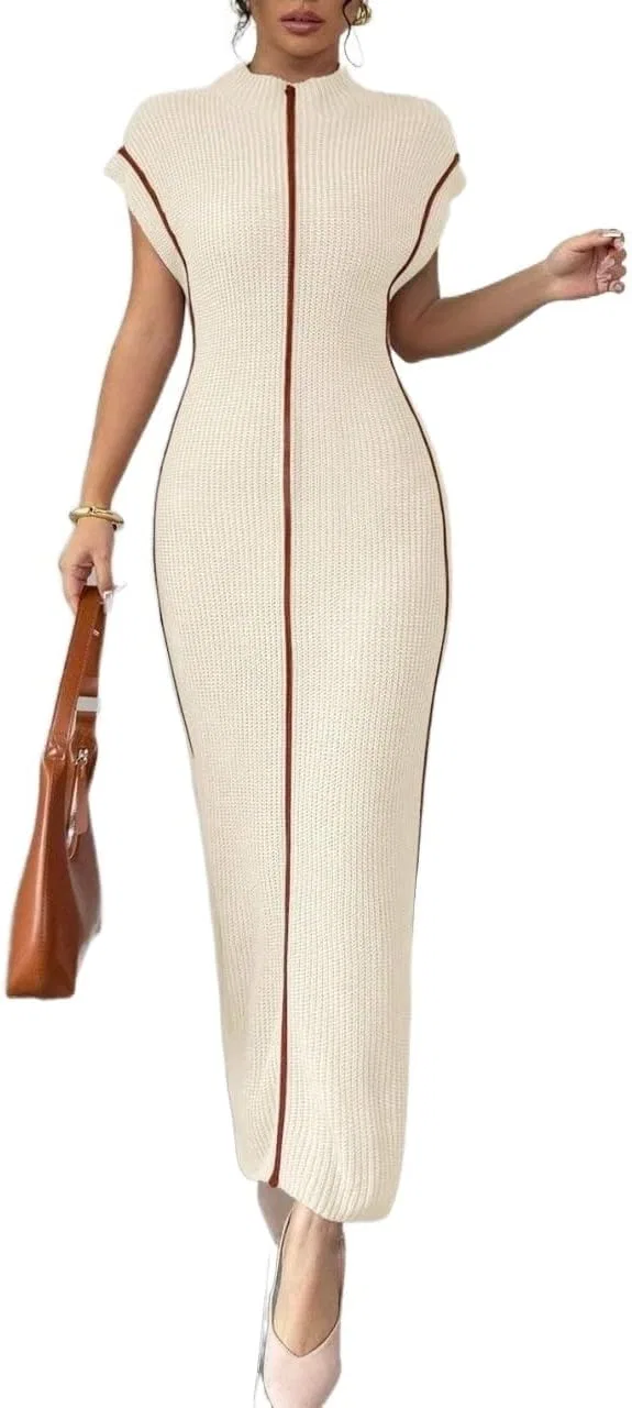 Женское платье миди с высоким воротником полосатое Knit, Apricot