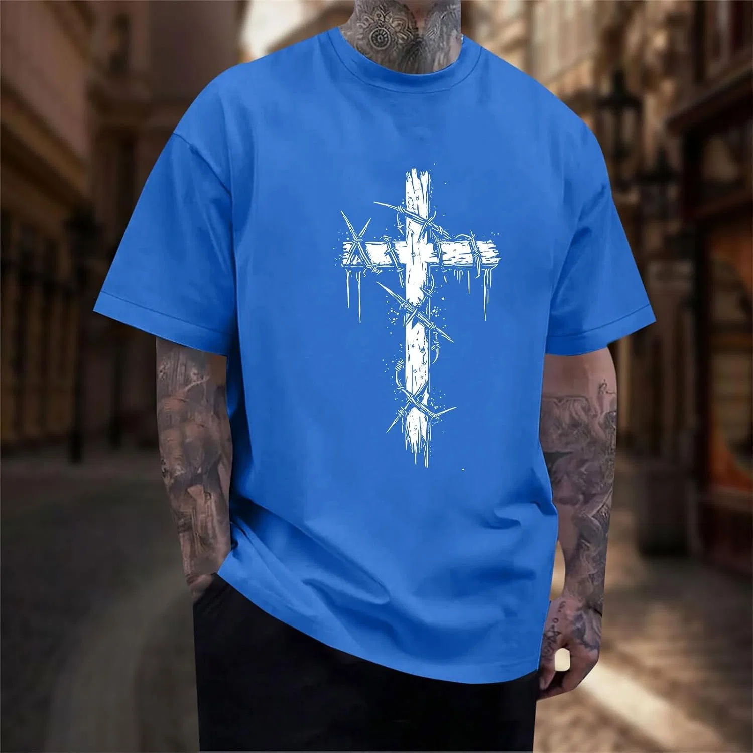 Мужская футболка с принтом креста Vintage Faith, Blue — фото 2