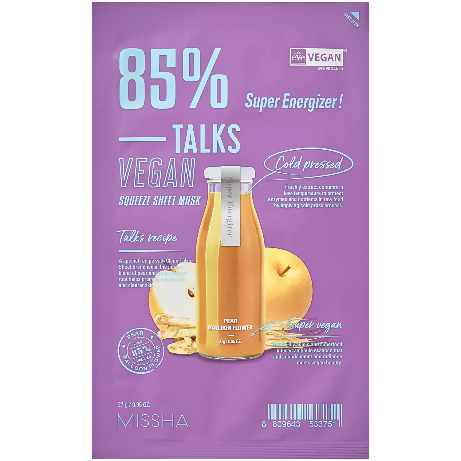 

Missha Talks Vegan осветляющая маска для лица, 27 г