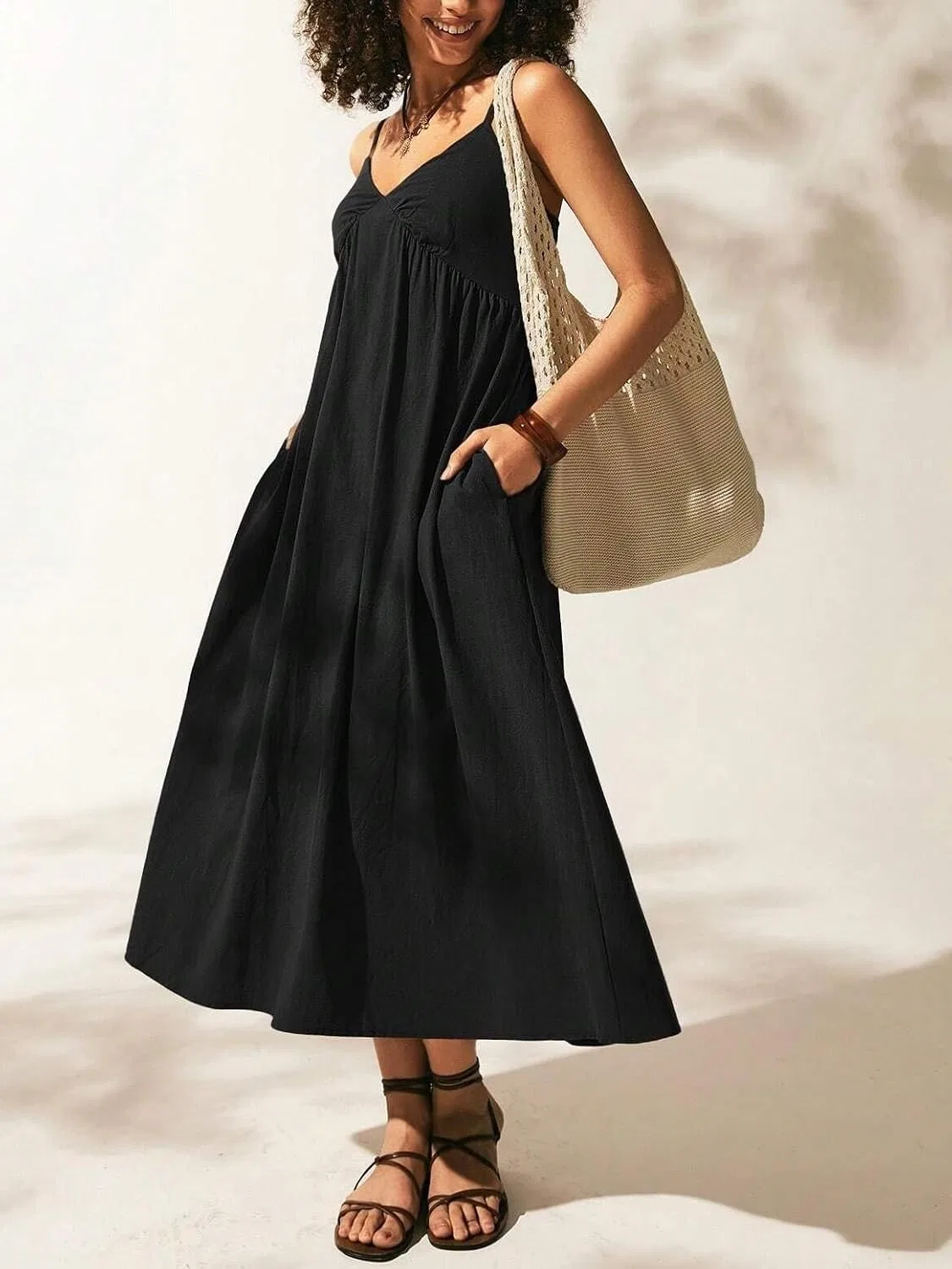 Женское свободное cami платье миди с открытой спиной, Black — фото 4