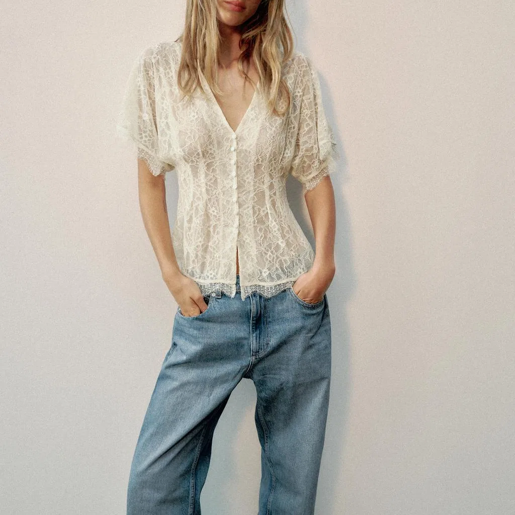 Женская блузка из шифона с V-образным вырезом, Cream, ZARA — фото 4