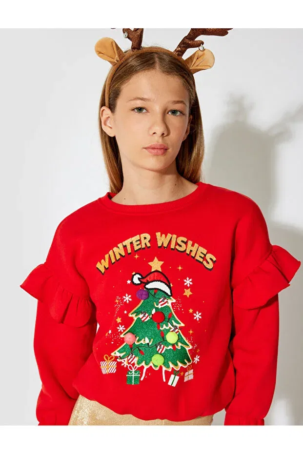 Детские свитшот для девочек с принтом Christmas tree printed frilly sweat with pompom detail Koton, Red — фото 2