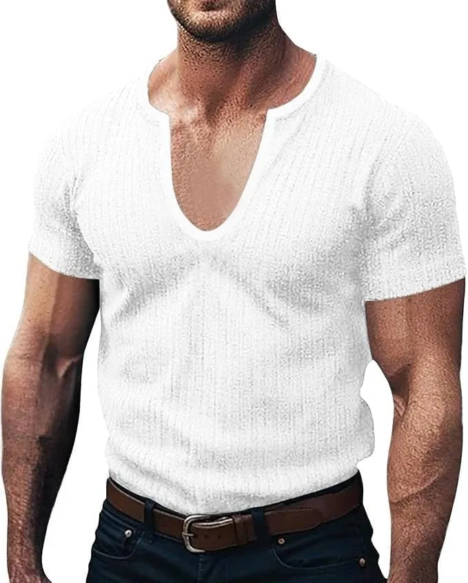 Мужская футболка с глубоким V-образным вырезом Ribbed, White