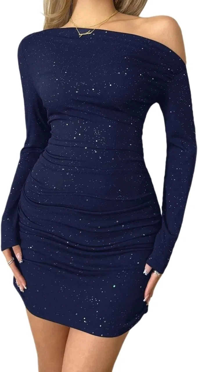 Женское облегающее мини-платье с асимметричным плечом, Navy Blue