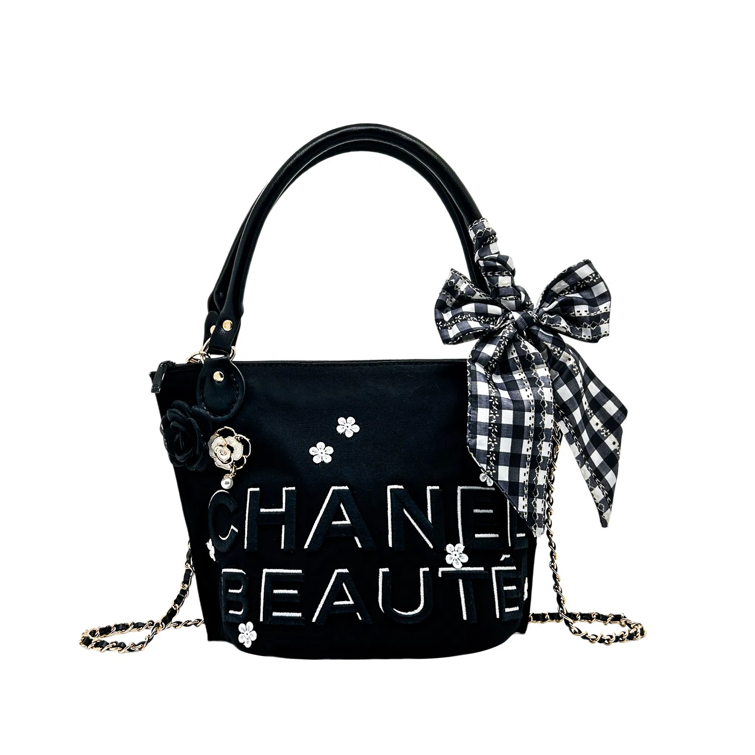 Женская косметичка с принтом Camellia Plaid CHANEL, Черный
