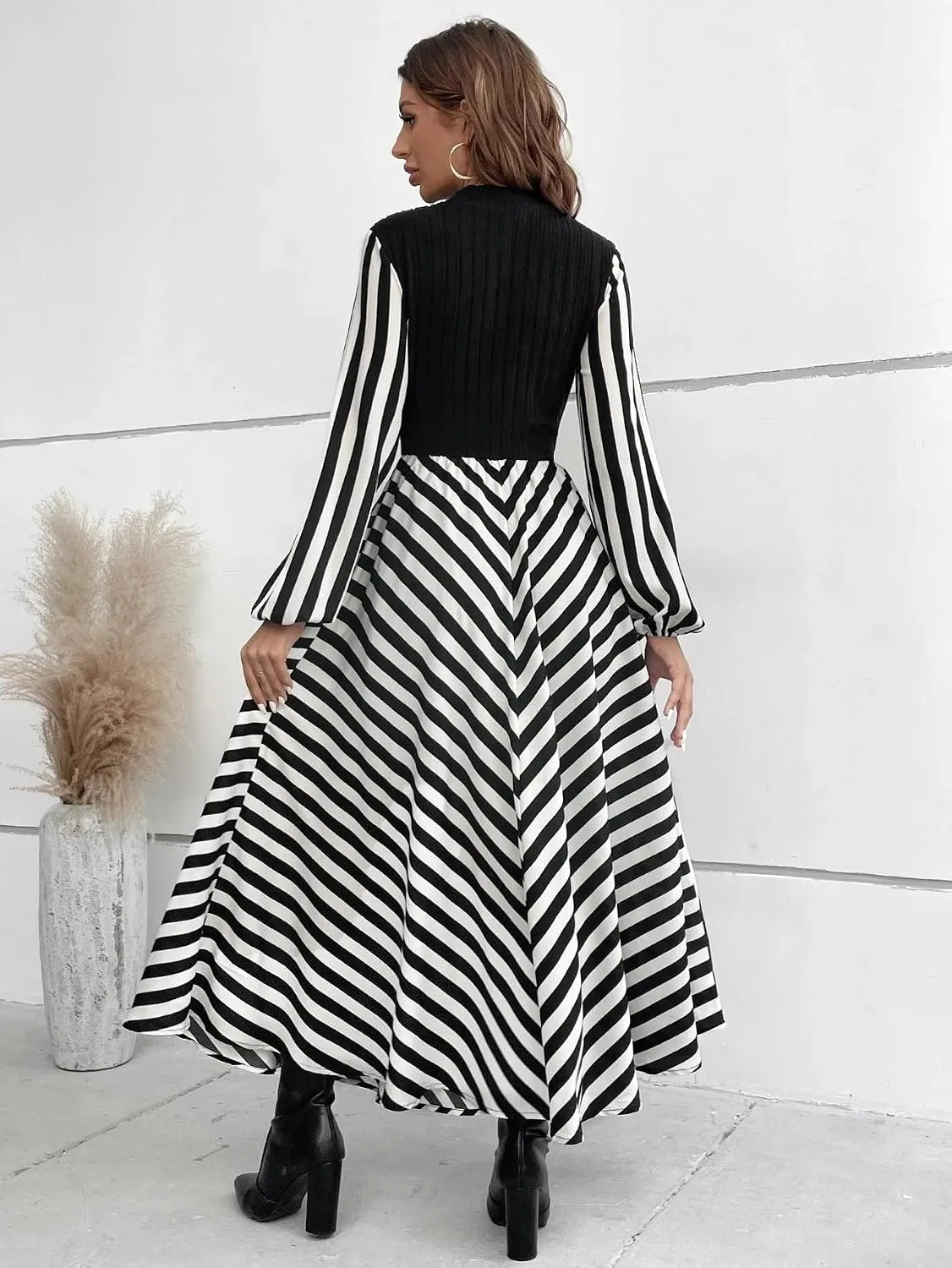 Женское платье макси с воротником-стойкой A-силуэта, Black and White — фото 2