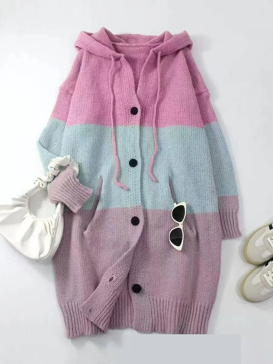 Женский кардиган на пуговицах с капюшоном, Stripe Sweaters, розовый — фото 2