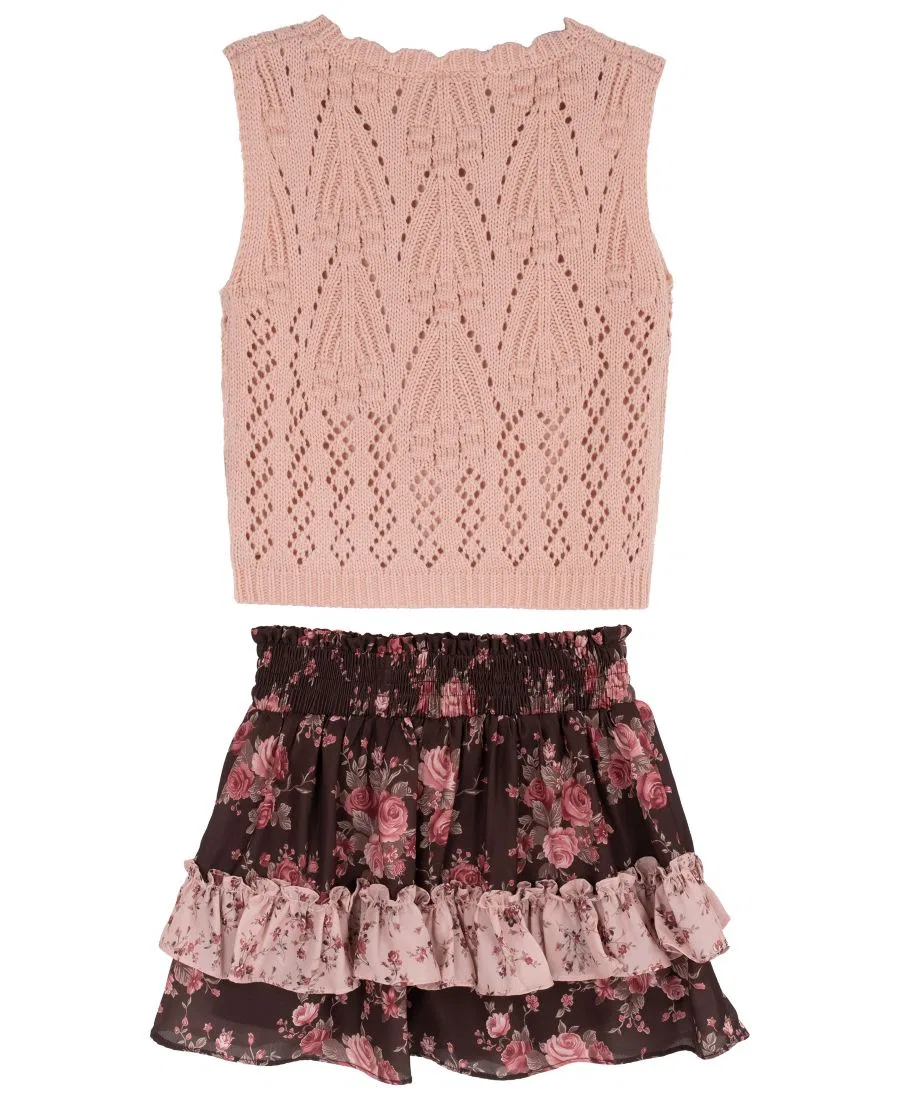 Комплект из вязаного жилета и юбки-шорт с цветочным принтом, модель Floral Crochet Sweater Vest and Tiered Skort Rare Editions, Blush — фото 2