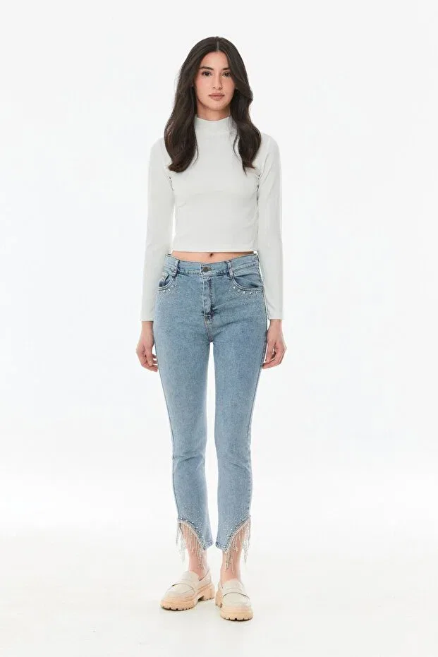 Детские джинсы для девочек прямого кроя с высокой посадкой Stoned high waist straight fit girl's jeans Fulla Moda, Blue