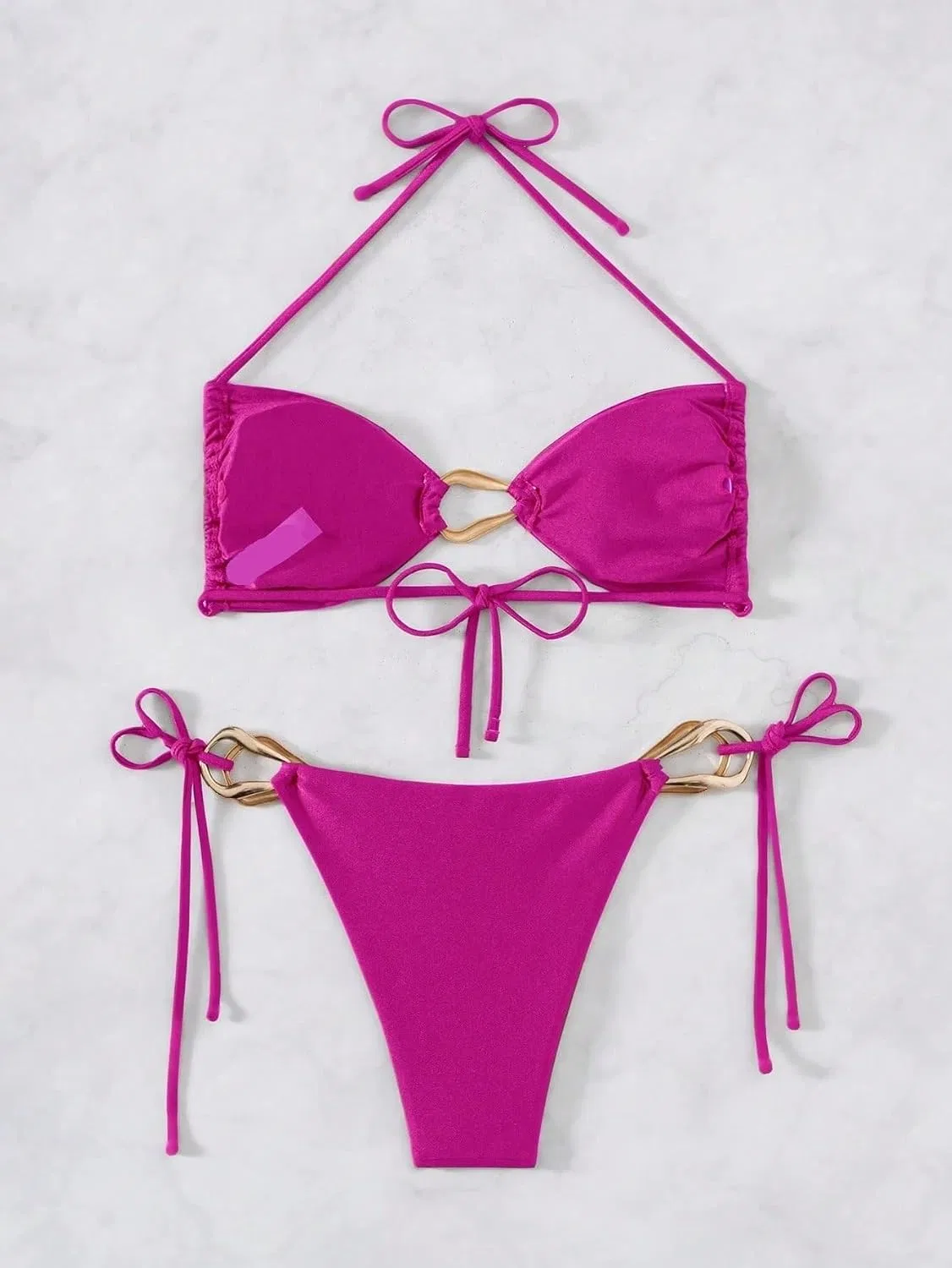 Женский бикини-комплект с высокой талией, микро-бра, завязками, Hot Pink — фото 3
