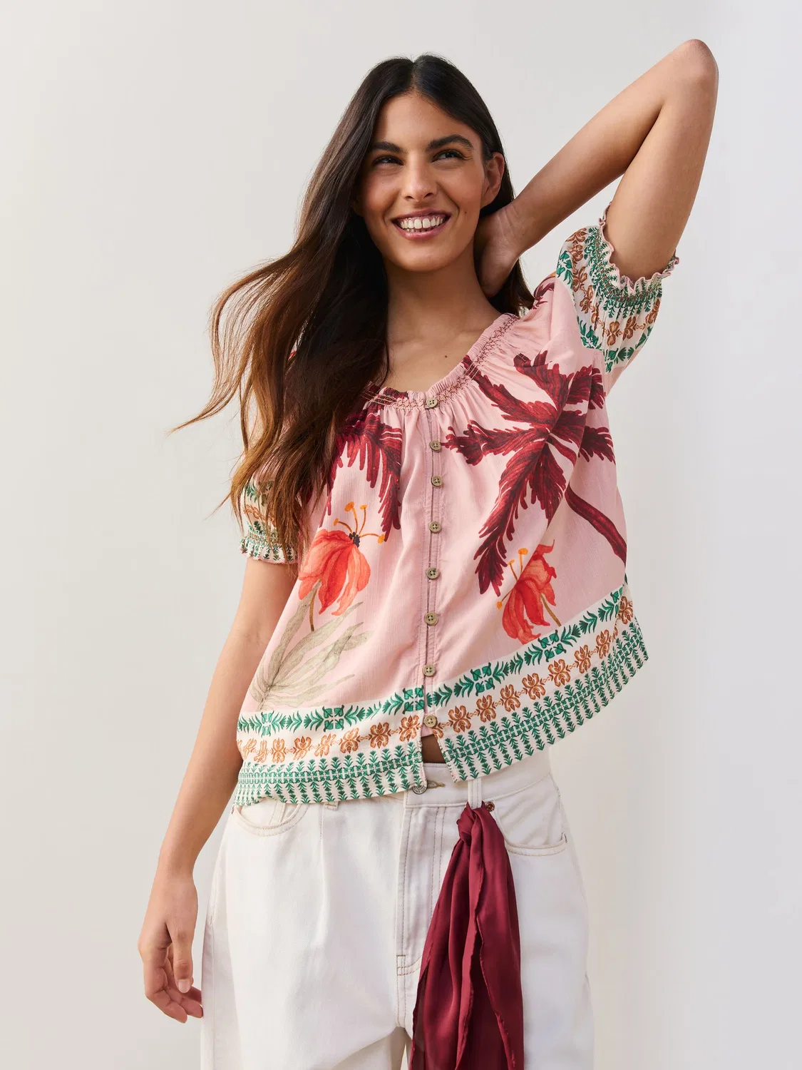 Топ с открытыми плечами и рукавами-фонариками Pink Palm Tree Print Next, розовый принт