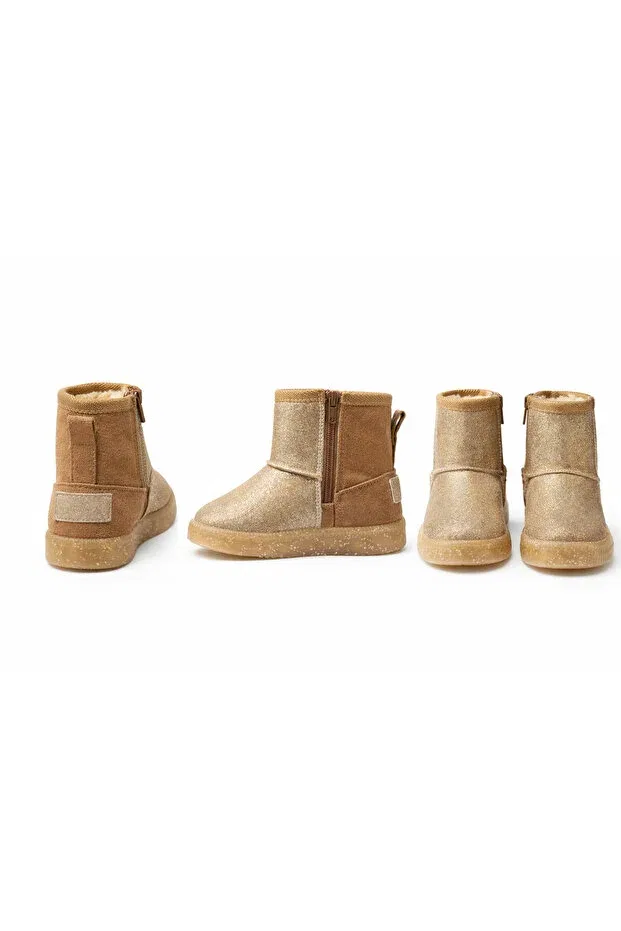 Детские ботинки для девочек с принтом Lighted Silvery Beige Girls' Boots With Fur Inside Harli, Brown — фото 2