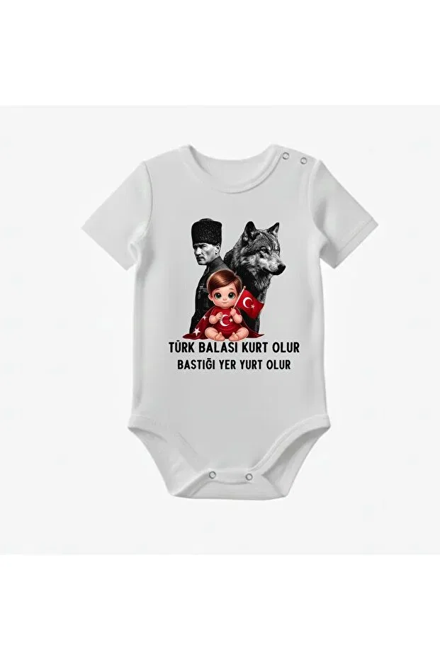 Детское боди с принтом Baby Wolf Turkish Flag Becomes A Wolf Ataturk Wolf Turkish Flag Printed Venüsdijital, White