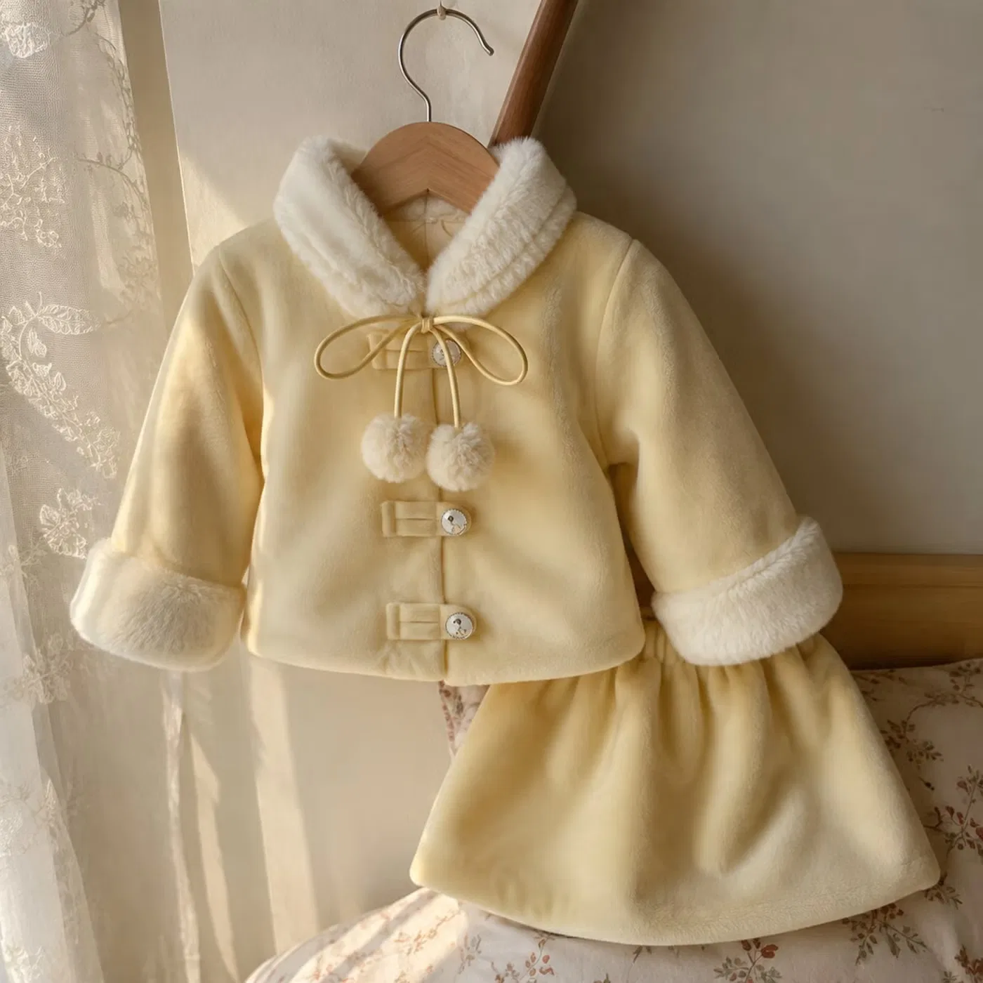 Комплект для девочки с искусственным меховым воротником, 2 предмета, Bloomknit, желтый