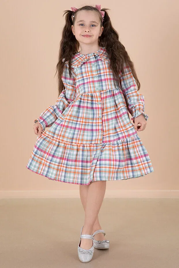 Детское платье для девочек с длинным рукавом Green Plaid Print Cansın Mini, Green — фото 3