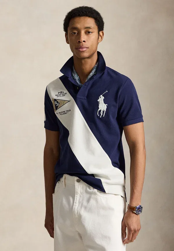 Футболка поло с вышивкой Custom Slim Fit Big Pony Mesh Polo Shirt, Polo Ralph Lauren, Newport темно-синий/Nevis