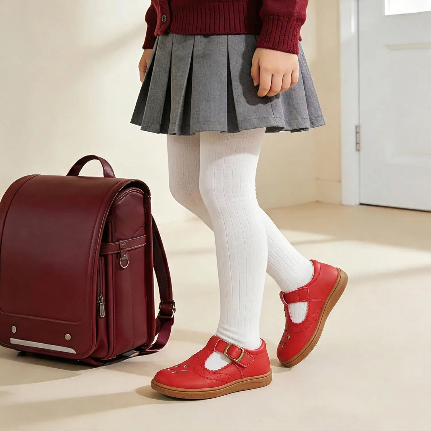 Детские туфли для девочек с широким носком Mary Jane Flats LeIsfIt, Red — фото 2