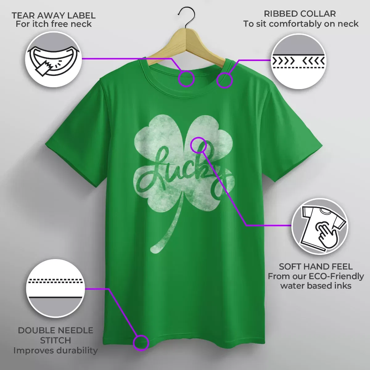 Детская футболка с принтом Lucky Retro Shamrock Lost Gods, Kelly Green — фото 3
