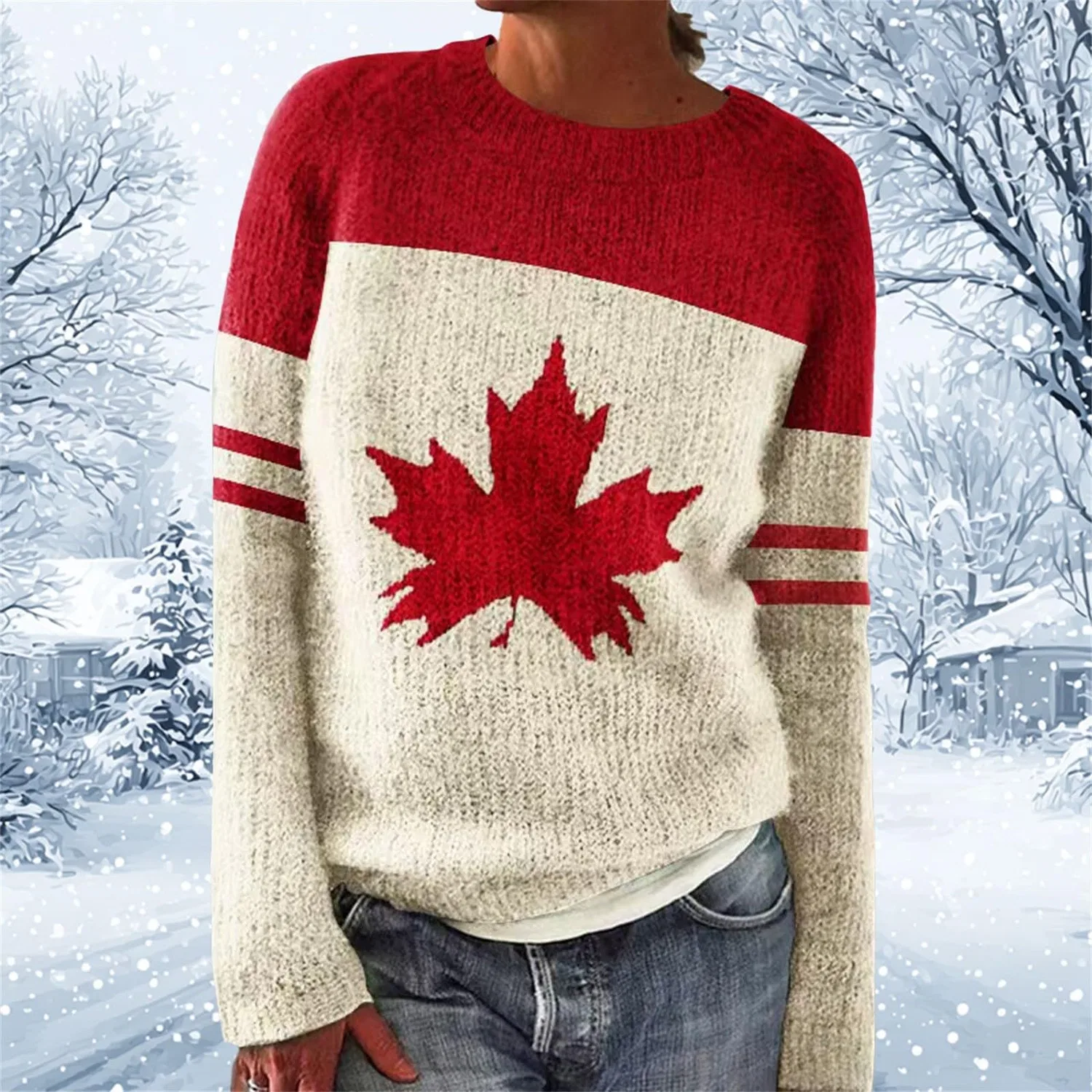 Женский свитер оверсайз с принтом Maple Leaf Print, Red — фото 2