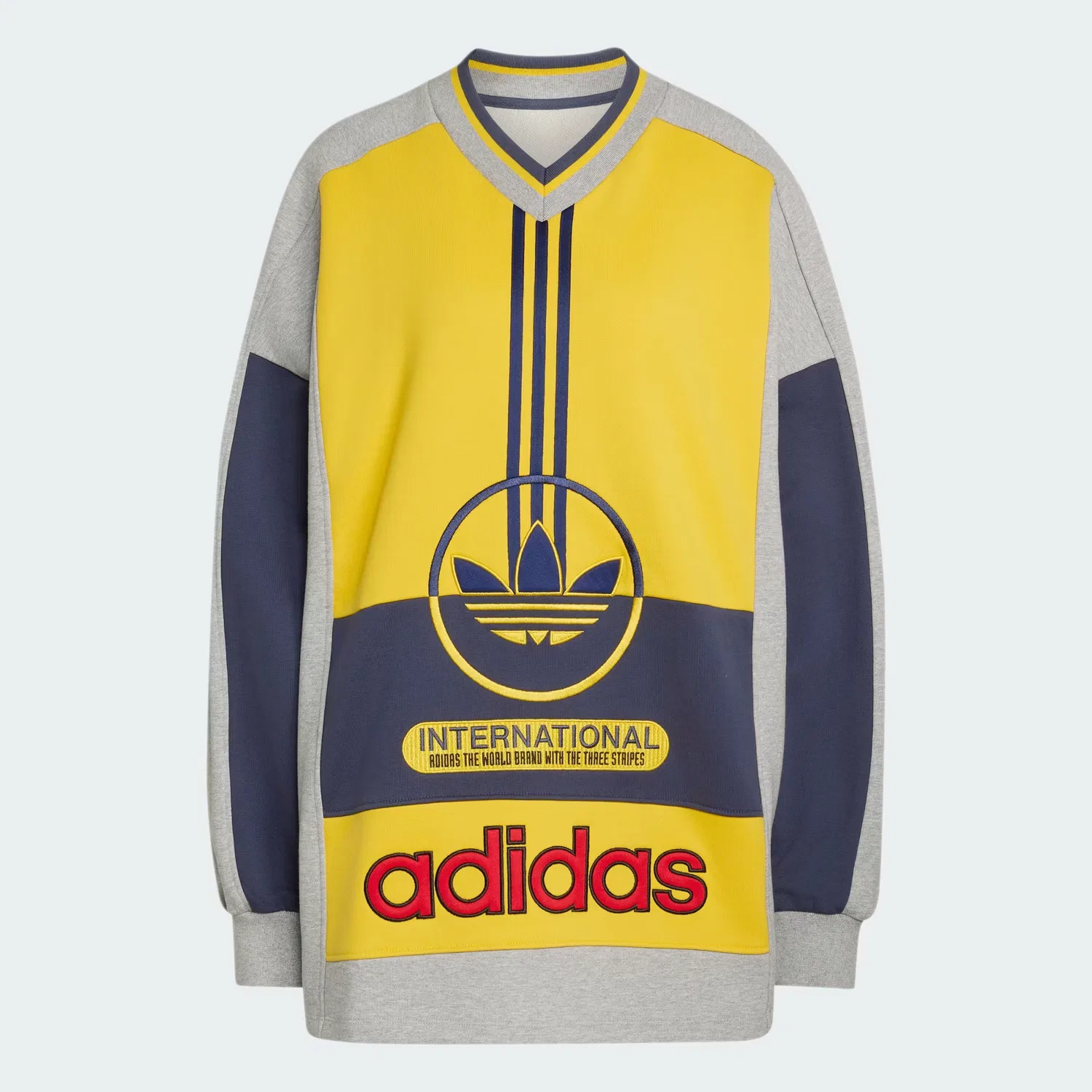 Женский свитшот оверсайз Archive Sweater International Adidas Originals, серый меланж/темно-синий/золотой — фото 4