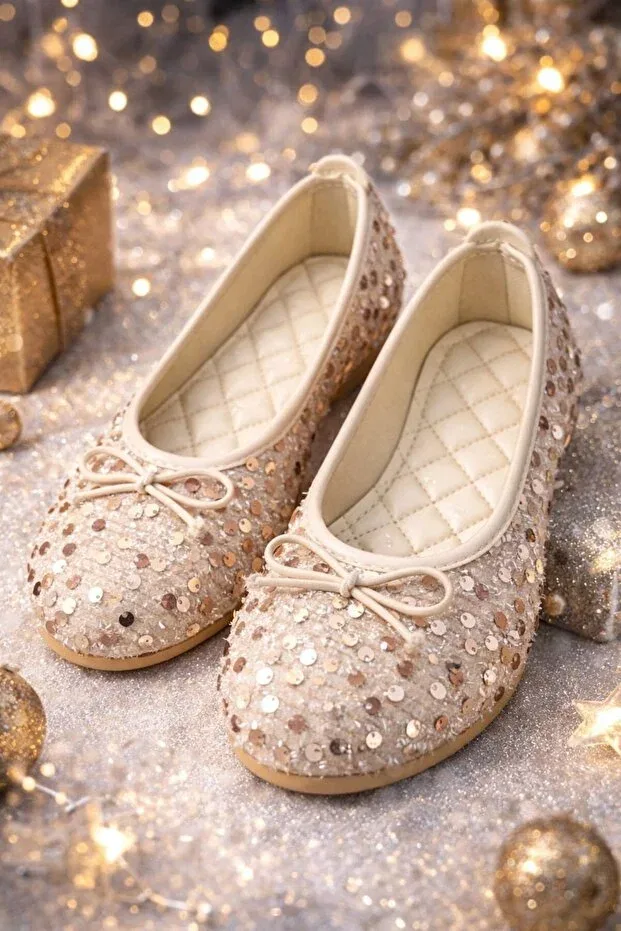 Детские балетки для девочек с бантом Slipcat, Sequined Cream — фото 4