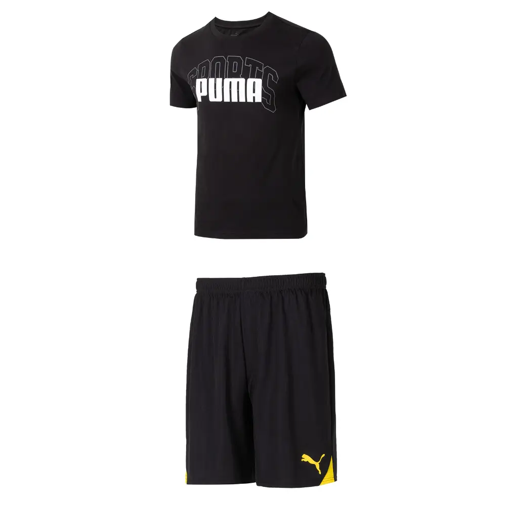 

Повседневный спортивный мужской комплект: черный топ + черно-желтые шорты Puma, черный