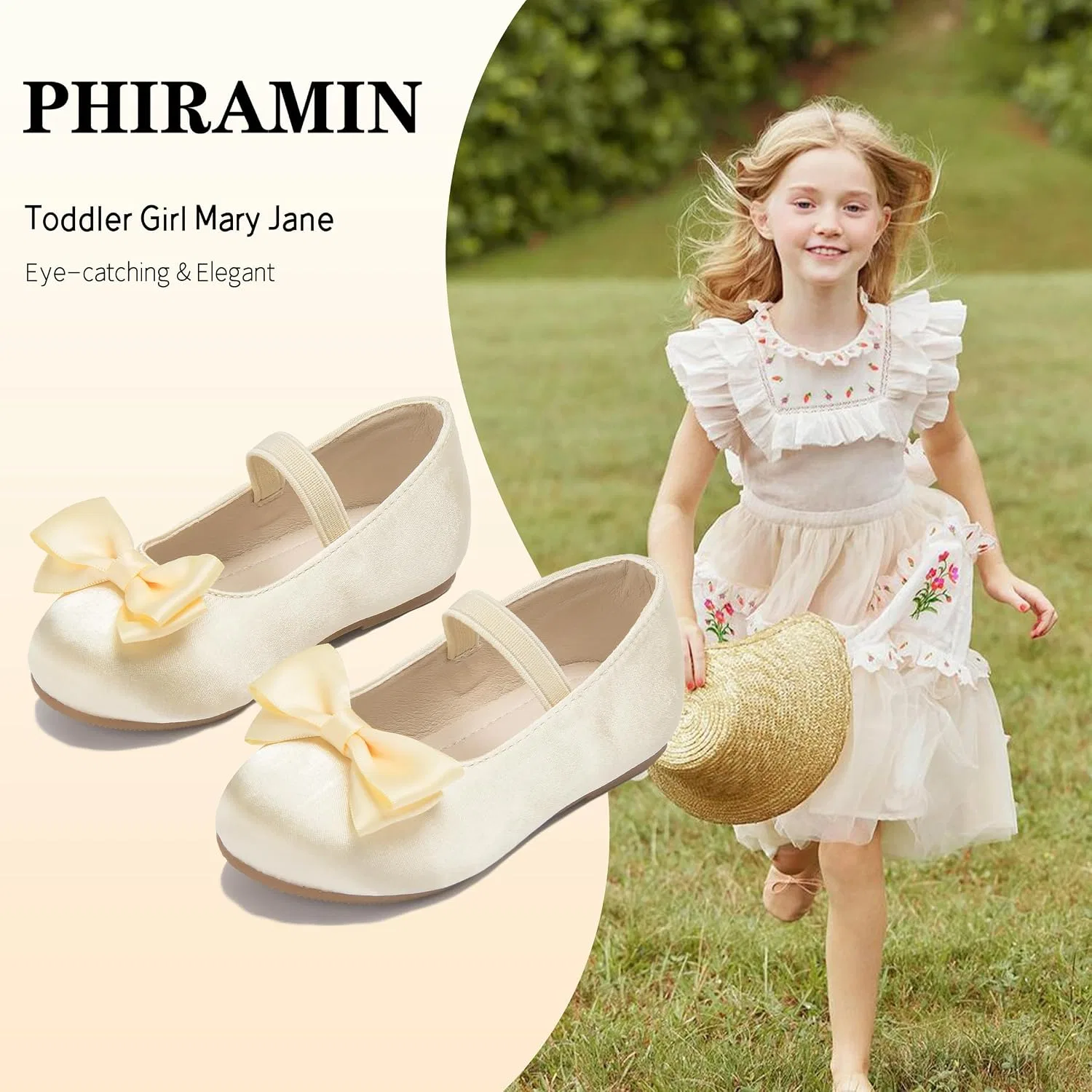 Детские туфли-балетки для девочек с бантом PHIRAMIN, Satin Gold — фото 4