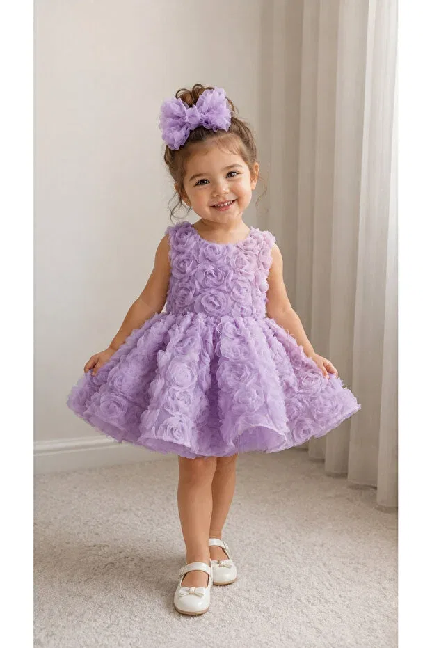 Детское платье для девочек с принтом Lilac 3d Rose Detailed Puffy Girl's Evening Dress Queen Tasarım, Pink