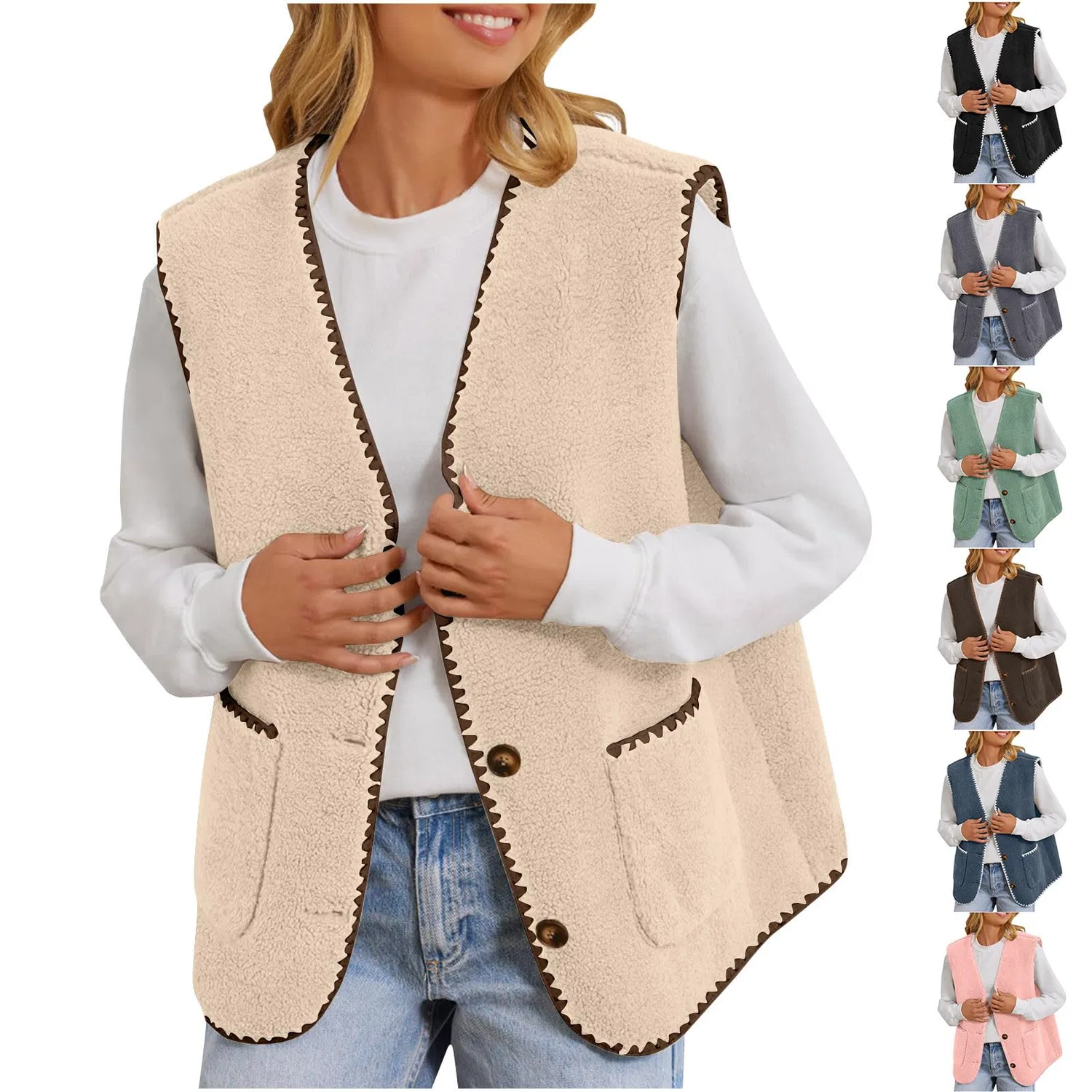 Женский жилет без рукавов с принтом Women Fur Vest Short Solid Color Warm Button Down Jacket Winter Jacket with Zipper Sleeveless V Neck Faux Fur Thermal Vest, A09 blu — фото 2