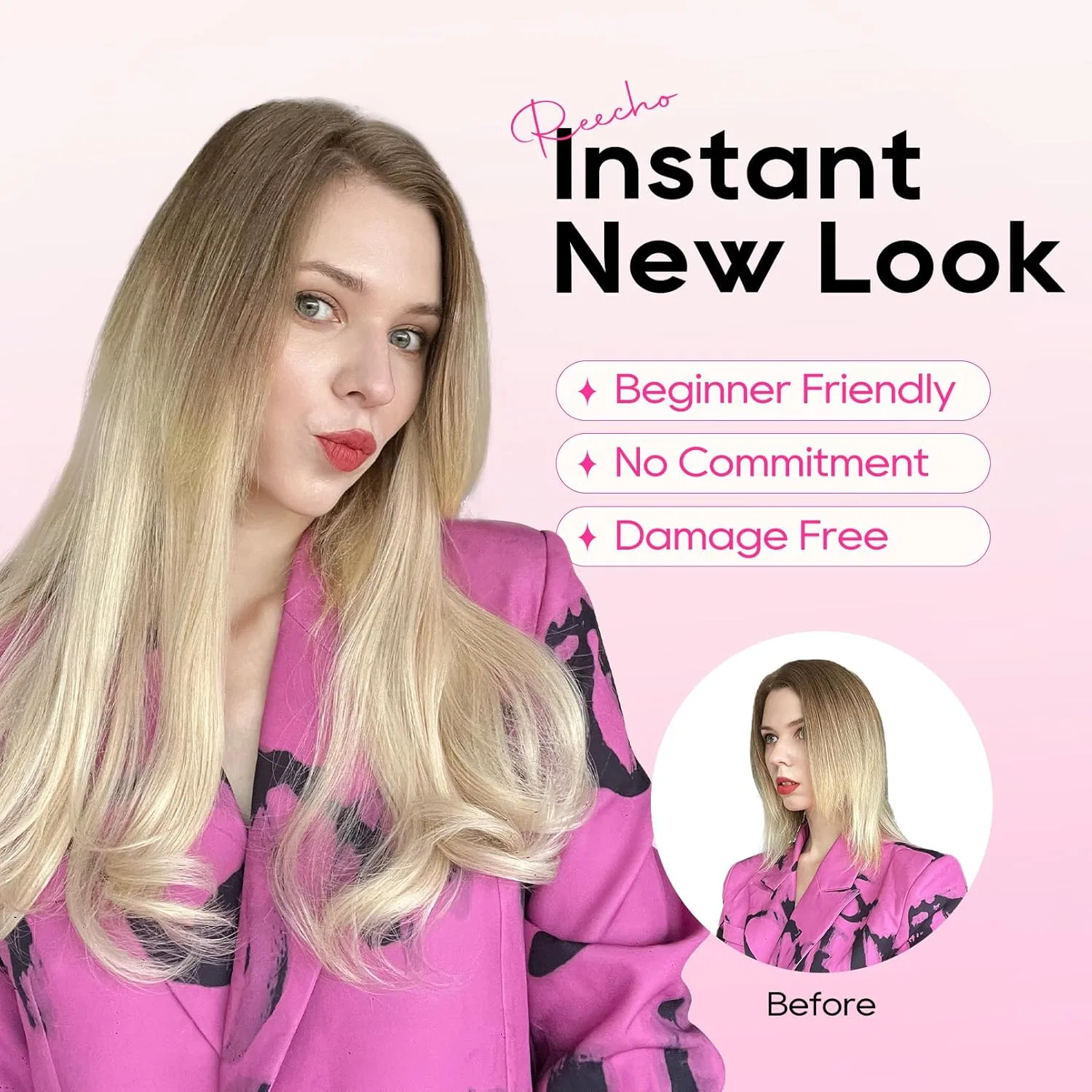 Накладные волосы REECHO Clip-in Extensions 4 штуки Reecho, Platinum Blonde — фото 4