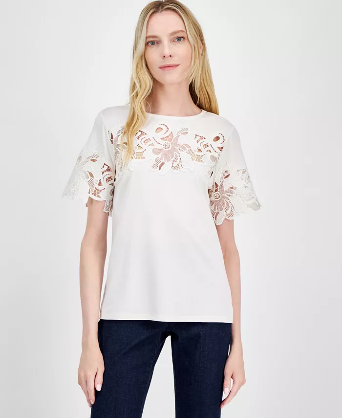 

Женский топ с круглым вырезом Harmony Open-Floral Anne Klein, белый