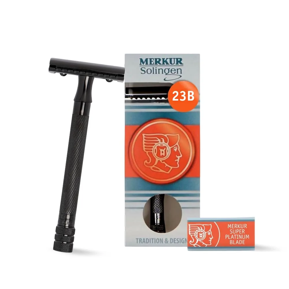 Безопасная бритва MERKUR 23B с двойным лезвием - черная, длинная, с рифленой латунной ручкой, произведено в Германии, трехкомпонентная конструкция без пластика, закрытый гребень, прямая планка., Black PVD