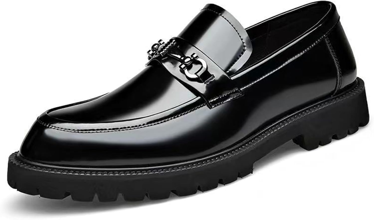 

Мужские комфортные платформенные массивные мокасины без шнуровки, модные деловые туфли из блестящей лаковой кожи с металлической цепочкой, деловая повседневная обувь с противоскользящей подошвой и носком, мокасины для вождения Myctfiyst, черный