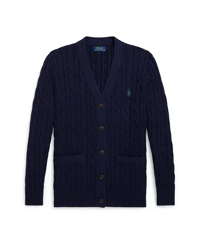 

Детский кардиган с V-образным вырезом и косой вязкой для девочек 7-16 лет Polo Ralph Lauren, синий